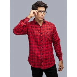Men Checked Spread Collar Casual Cotton Shirt | Red
