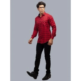 Men Checked Spread Collar Casual Cotton Shirt | Red