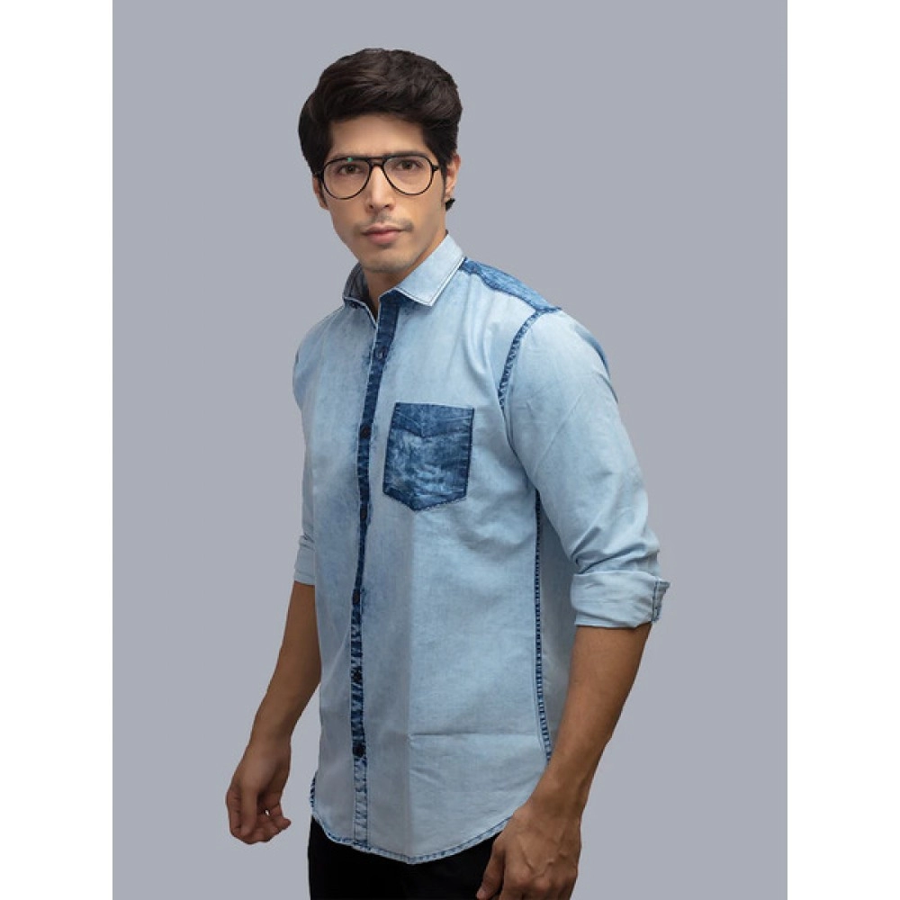 Men Denim Solid Casual Shirt | Light Blue