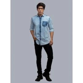 Men Denim Solid Casual Shirt | Light Blue