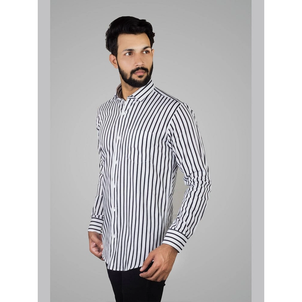 Men Awning Stripes Corduroy Cotton Shirt | White