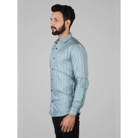 Men Pinstripe Button Down Collar Cotton Casual Shirt | Teal Blue