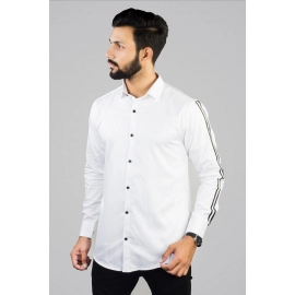 Men Solid Giza Cotton Striped Sleeve  Shirt | White