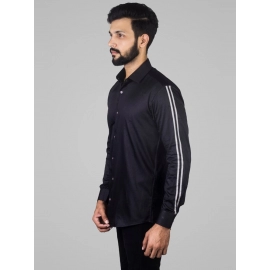 Men Solid Giza Cotton Striped Sleeve Shirt | Black