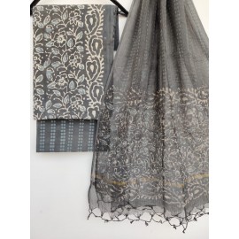 Unstitched Hand Block Printed Cotton Suits with Pure Cotton Kota Doria Dupatta | Grey