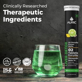 Auric Liver Detox Effervescent | Fizzy Water with 10 Ayurvedic Herbs | Clinically Researched Therapeutic Ingredients | Drop, Dissolve, Fizz, Drink |Pack of 40 Tablets