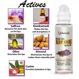 Urbaano Herbal Kumkumadi Lip Oil Serum | Roll On, Tint free,Transparent- Kumkumadi Hydrates, Nourishes, Restores Natural Colour to Dark, Dry, Pigmented and Chapped Lips | 10ml
