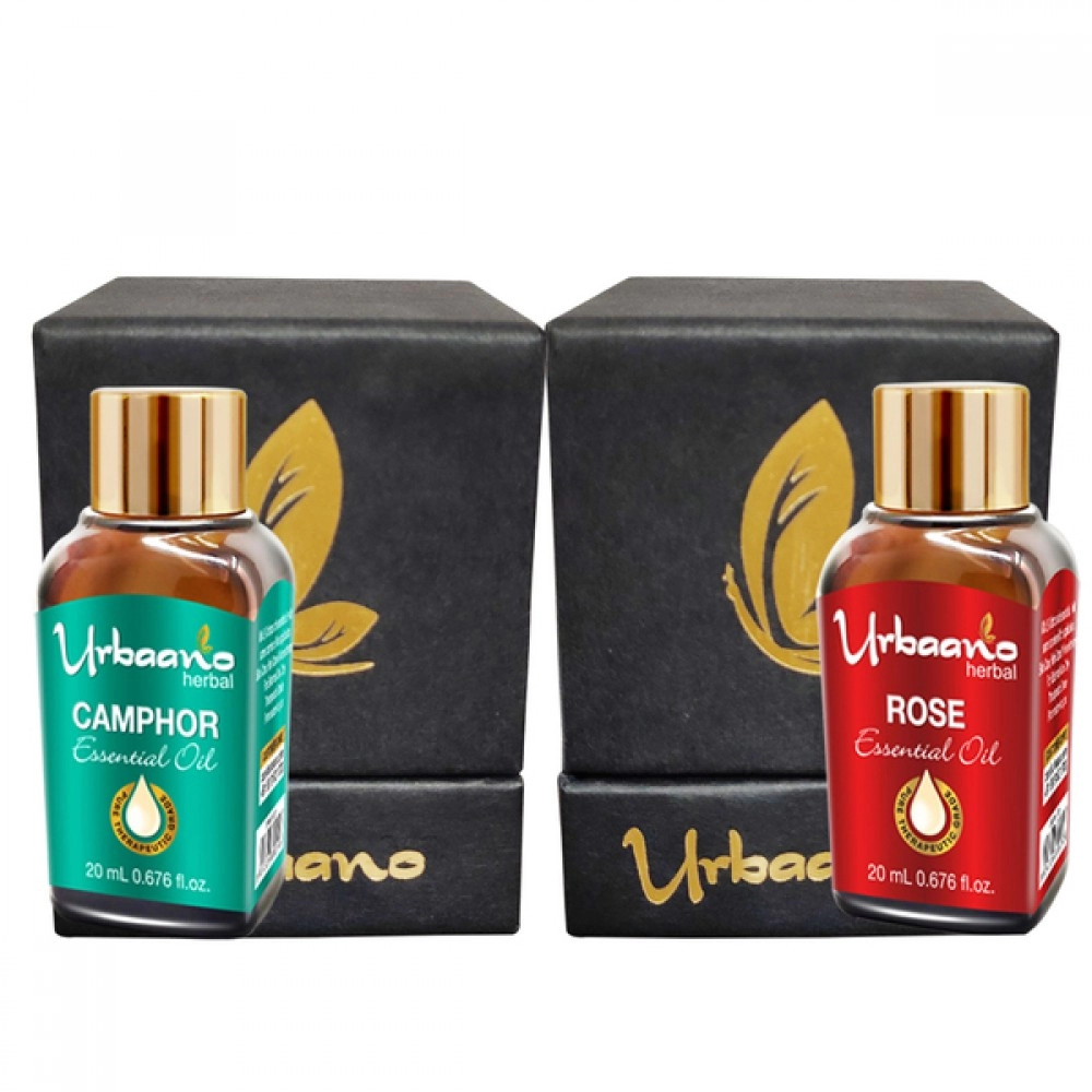 Urbaano Herbal Camphor & Rose Essential Oil | 20 ml Each For Hair, Skin & Aromatherapy Natural & Pure | Therapeutic Grade