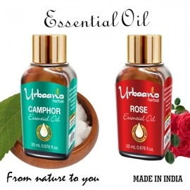 Urbaano Herbal Camphor & Rose Essential Oil | 20 ml Each For Hair, Skin & Aromatherapy Natural & Pure | Therapeutic Grade