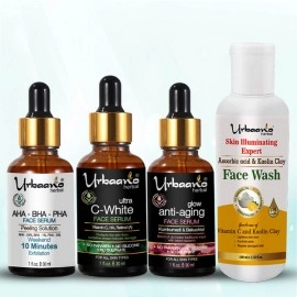 Urbaano Herbal Ultra White Vitamin C Face Serum, AHA BHA Peeling Solution, Kumkumadi Tailam & Vitamin C Face Wash | 190ml | Pocket Friendly | Combo Pack of 4