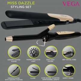 VEGA Miss Versatile Styling Set Straightener, Curler & Dryer Gift Combo (VHSS-03), Black