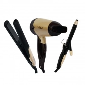 VEGA Miss Versatile Styling Set Straightener, Curler & Dryer Gift Combo (VHSS-03), Black