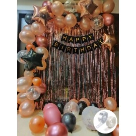 Party Propz Rubber Rose Gold Birthday Decorations Combo Black Banner With Confetti Balloons, Star Foil Balloons, Foil Curtain for 1st 18th 21st 25th 50th 60th 30th Decorations - Set of 68