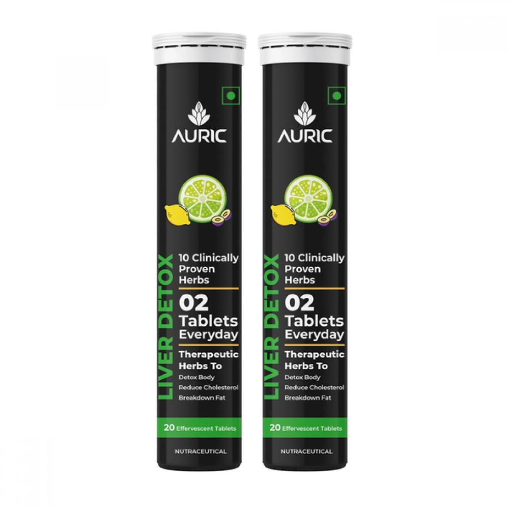 Auric Liver Detox Effervescent | Fizzy Water with 10 Ayurvedic Herbs | Clinically Researched Therapeutic Ingredients | Drop, Dissolve, Fizz, Drink |Pack of 40 Tablets