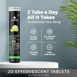 Auric Liver Detox Effervescent | Fizzy Water with 10 Ayurvedic Herbs | Clinically Researched Therapeutic Ingredients | Drop, Dissolve, Fizz, Drink |Pack of 40 Tablets