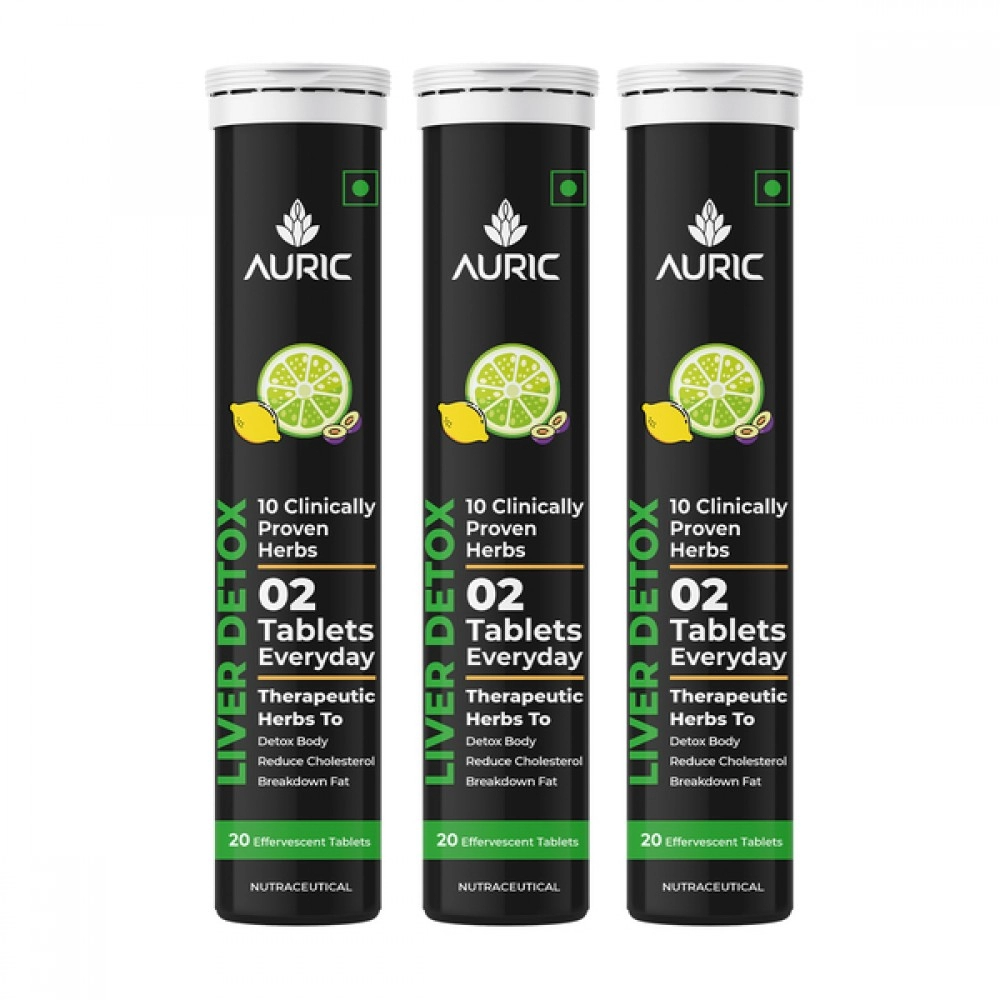 Auric Liver Detox Effervescent | Fizzy Water with 10 Ayurvedic Herbs | Clinically Researched Therapeutic Ingredients | Drop, Dissolve, Fizz, Drink |Pack of 60 Tablets