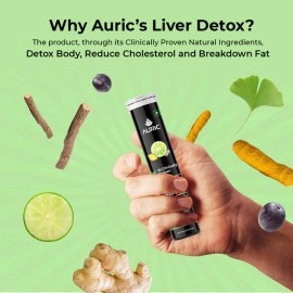 Auric Liver Detox Effervescent | Fizzy Water with 10 Ayurvedic Herbs | Clinically Researched Therapeutic Ingredients | Drop, Dissolve, Fizz, Drink |Pack of 60 Tablets