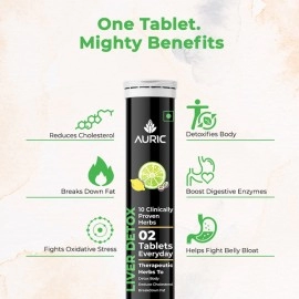 Auric Liver Detox Effervescent | Fizzy Water with 10 Ayurvedic Herbs | Clinically Researched Therapeutic Ingredients | Drop, Dissolve, Fizz, Drink |Pack of 60 Tablets