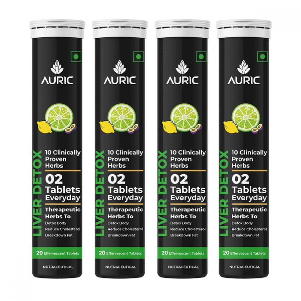 Auric Liver Detox Effervescent | Fizzy Water with 10 Ayurvedic Herbs | Clinically Researched Therapeutic Ingredients | Drop, Dissolve, Fizz, Drink |Pack of 80 Tablets