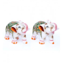 Multicolor Pair Of Marble Elephant | Emboss Green Figurine | Showpiece Handicraft