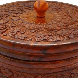 Antique Handmade Carving Wooden Box Pot Serving Bowl | Brown | 8 Inch