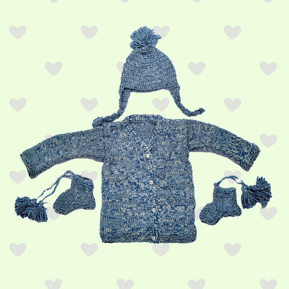 Happy Cultures | Bluish Grey Woolen Sweater, Socks And Cap Set | 6-12 Months