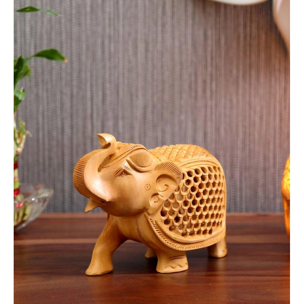 Wood Jali Elephant Showpiece | Brown 