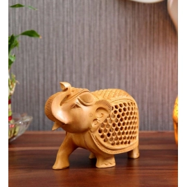 Wood Jali Elephant Showpiece | Brown 
