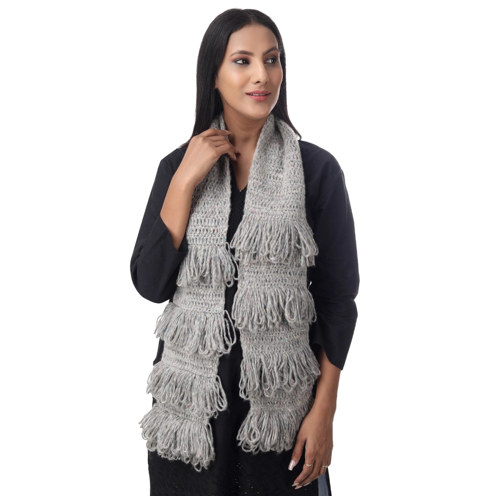 Happy Cultures Charming Ash Grey Jhalar Crocheted Scarf | Handmade