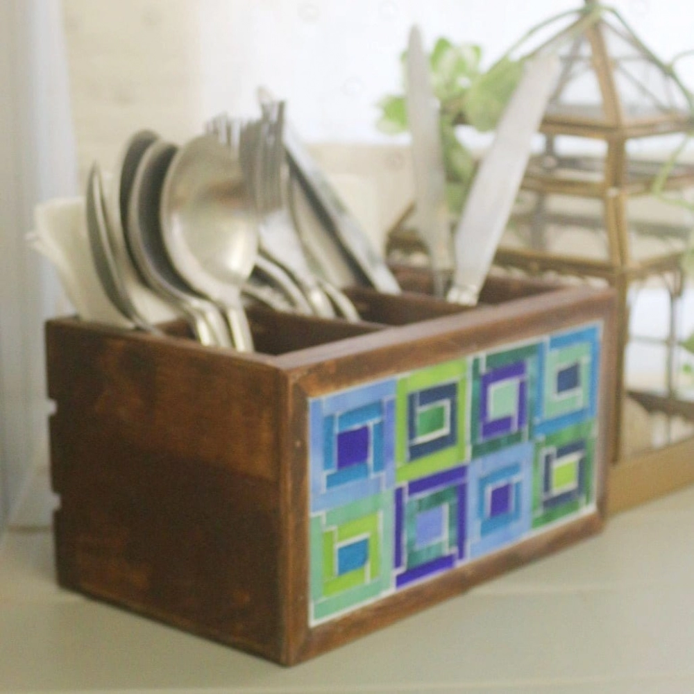Barish Handcrafted Decor Cutlery Holder | Glass Mosaic | Blue