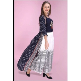 Elegant Rayon Embroidered Fusion Wear Short Kurta With Printed Shrug And Plazo | Navy Blue