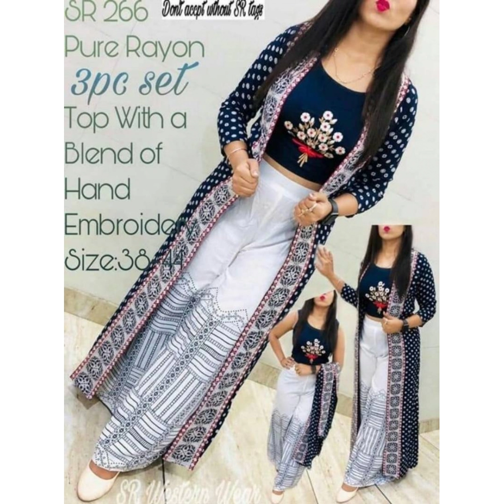 Elegant Rayon Embroidered Fusion Wear Short Kurta With Printed Shrug And Plazo | Navy Blue