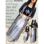Elegant Rayon Embroidered Fusion Wear Short Kurta With Printed Shrug And Plazo | Navy Blue