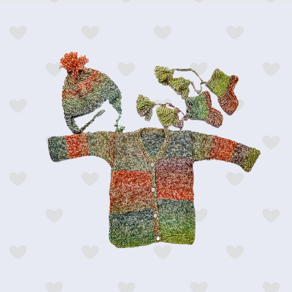 Happy Cultures | Green Woolen Sweater, Sock And Cap Set | 0 - 6 Months