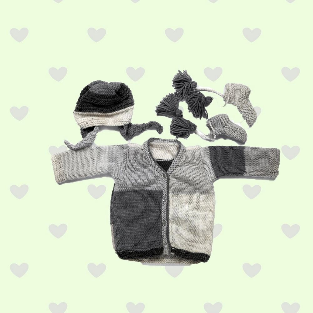 Happy Cultures | Grey Woolen Sweater, Sock And Cap Set | 6 - 12 Months