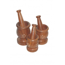 Handmade wooden Mortar Pestle Okhli | Set for 3 Kitchen | In Different Sizes | Brown  