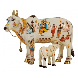 Kamdhenu Cow With Calf 20cm | God Figure Hand Painted | Polyresin | Showpiece