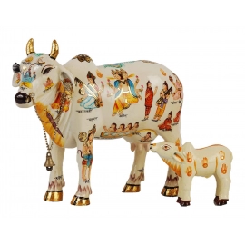Kamdhenu Cow With Calf 20cm | God Figure Hand Painted | Polyresin | Showpiece