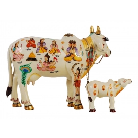 Kamdhenu Cow With Calf 20cm | God Figure Hand Painted | Polyresin | Showpiece