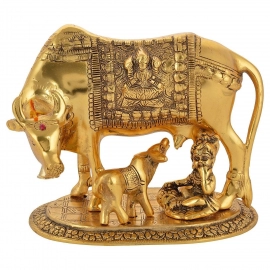 Metal Kamdhenu Cow And Calf | Statue, Spiritual, Showpiece Gift & Home Decor