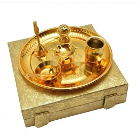 Laxmi Ganesha Embossed Work Gold Plated Pooja Aarti Thali | Set of 7 Pieces with Box Packing
