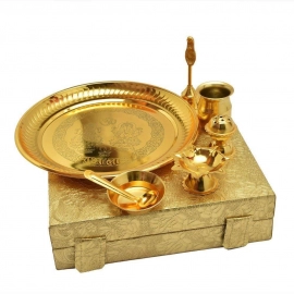 Laxmi Ganesha Embossed Work Gold Plated Pooja Aarti Thali | Set of 7 Pieces with Box Packing