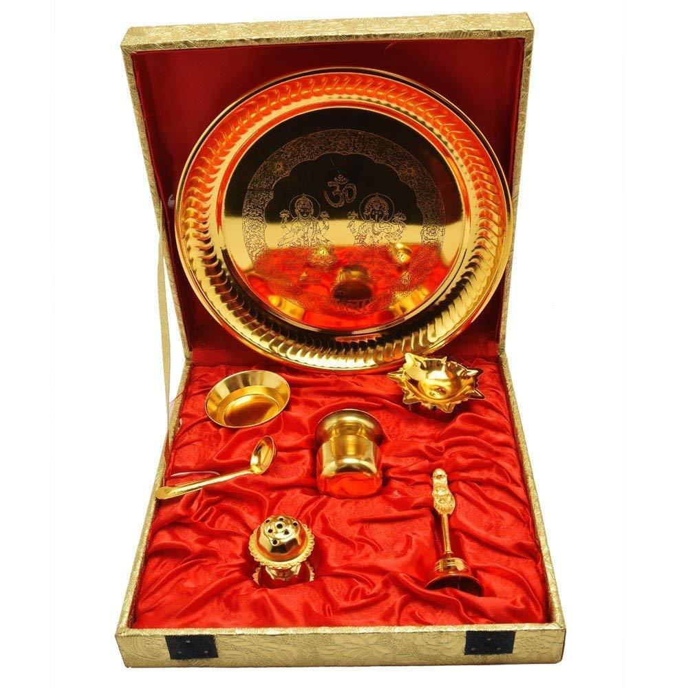 Laxmi Ganesha Embossed Work Gold Plated Pooja Aarti Thali | Set of 7 Pieces with Box Packing