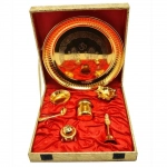 Laxmi Ganesha Embossed Work Gold Plated Pooja Aarti Thali | Set of 7 Pieces with Box Packing