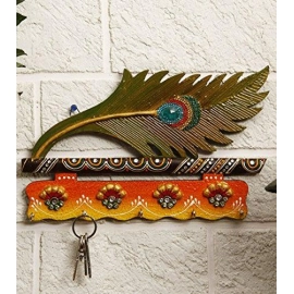 Lord Krishna Bansuri and Peacock Feather Pattern Wooden Key Holder with Painting Work 