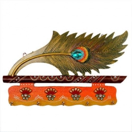 Lord Krishna Bansuri and Peacock Feather Pattern Wooden Key Holder with Painting Work 