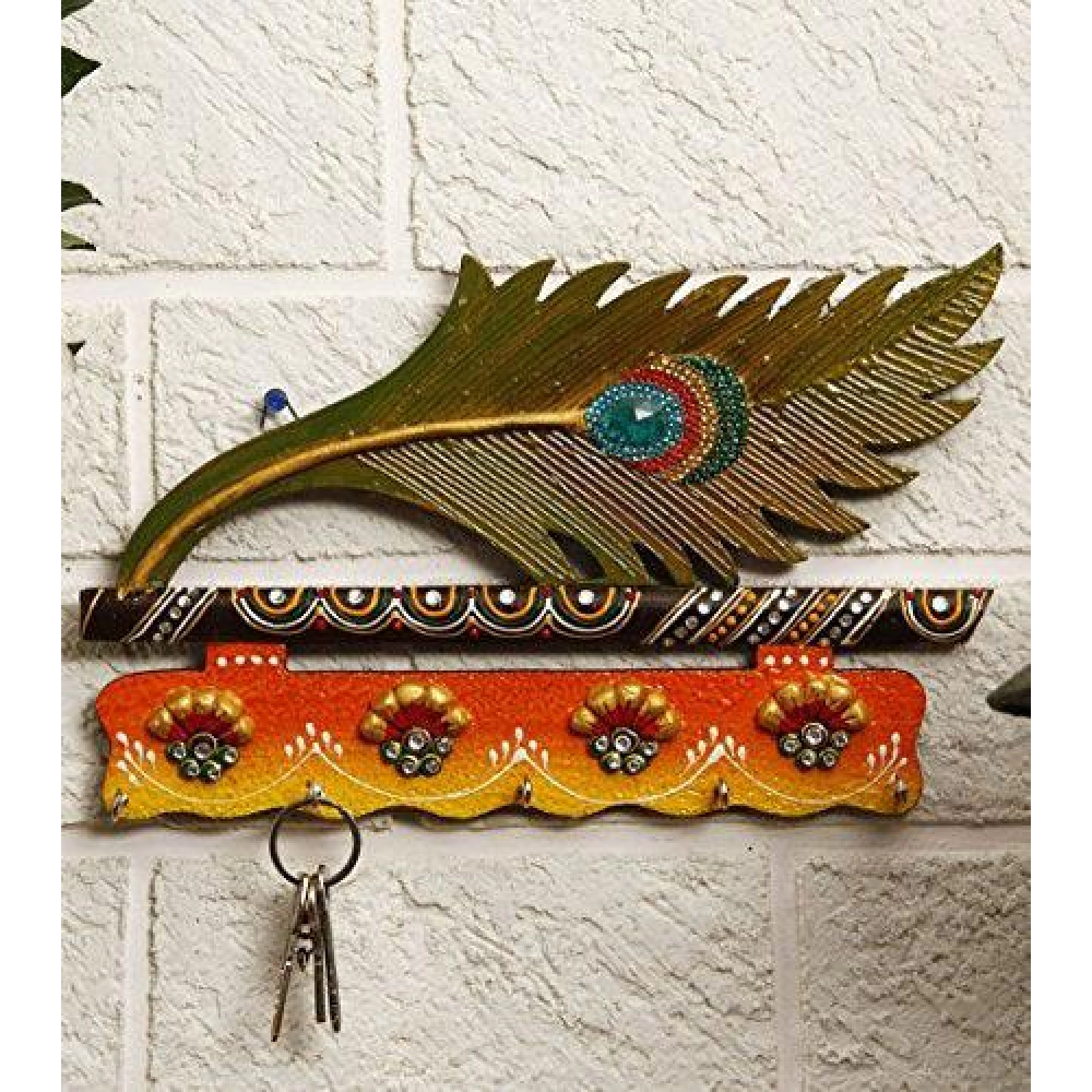 Lord Krishna Bansuri and Peacock Feather Pattern Wooden Key Holder with Painting Work 