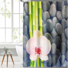 Lushomes  Bamboo Flower Printed Bathroom Polyester Shower Curtain with 12 Eyelets and 12 Hooks | 71 x 78 inch | Single pc