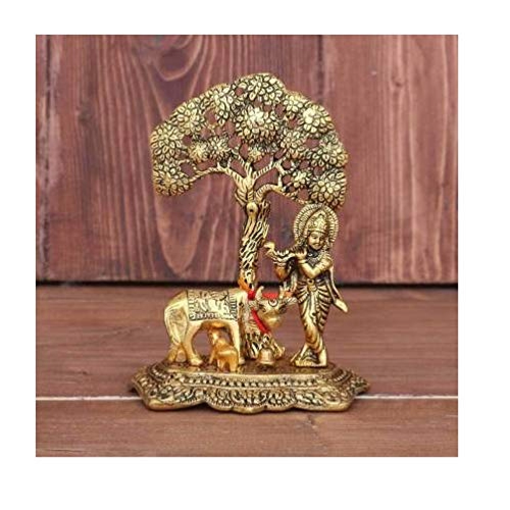 Metal Krishna With Cow Standing Under Tree Plying Flute | Metal| Gold |17 cm 