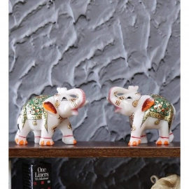 Multicolor Pair Of Marble Elephant | Emboss Green Figurine | Showpiece Handicraft